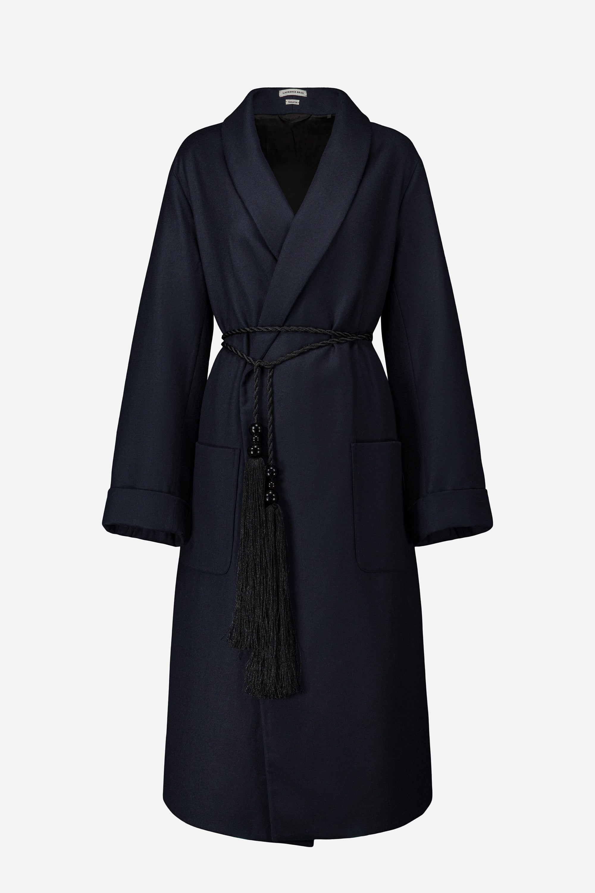 新品タグ付き Wool Gown Coat (Blue) Long blue wool dressing gown coat - Laurence Bras